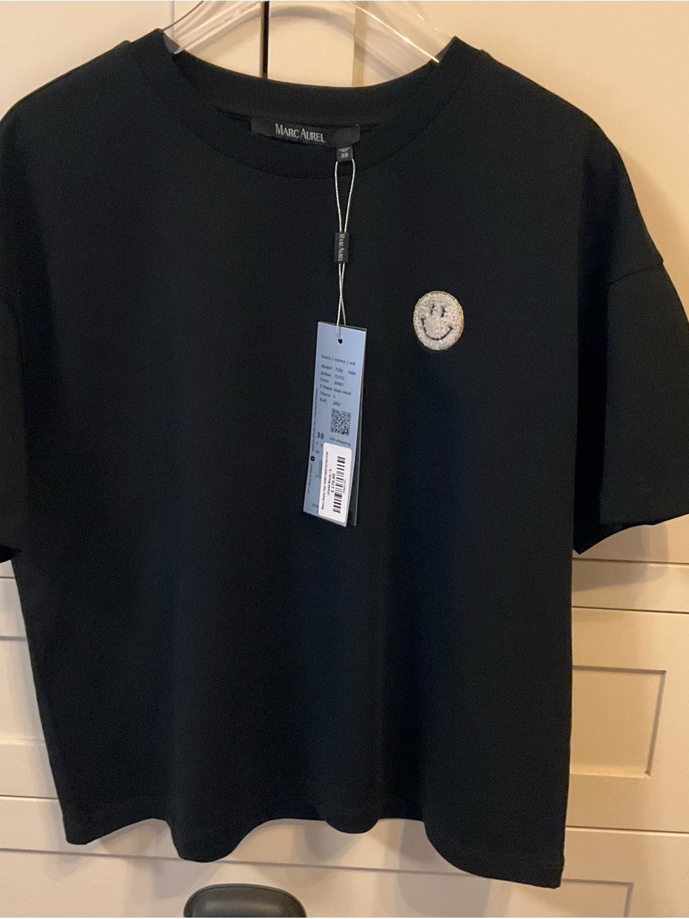 Black Short-Sleeve Tee with Embroidered Smiley